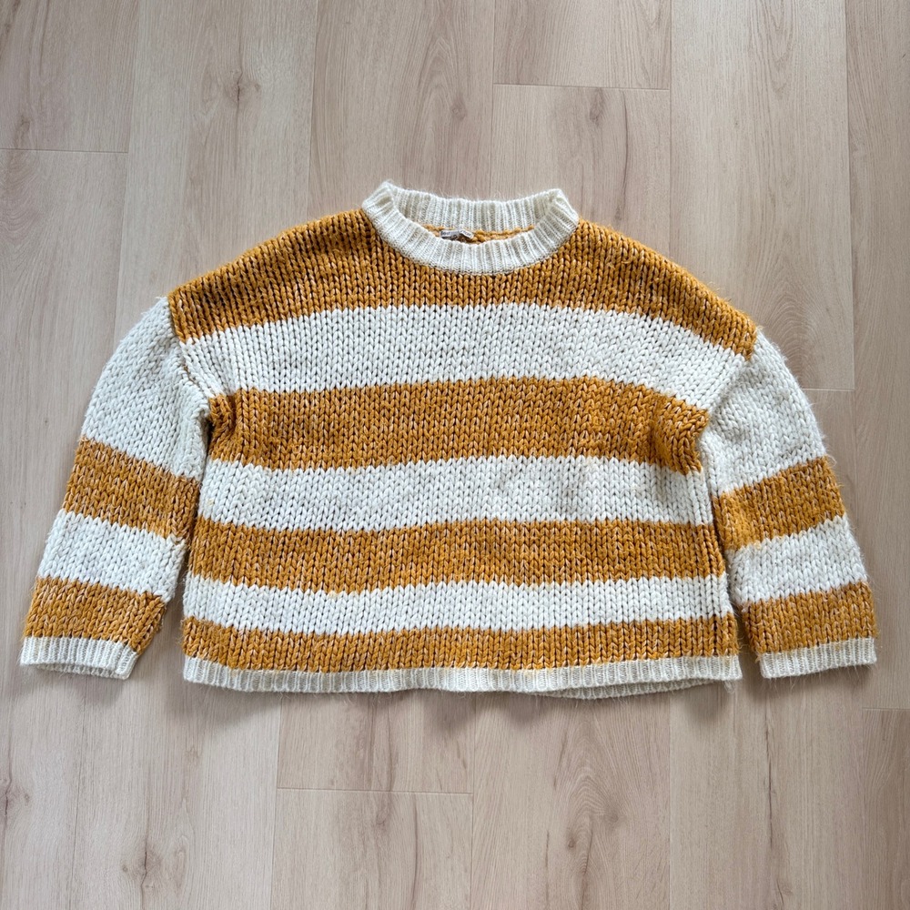 Best Mountain‎ Sweater Striped Chunky Knit Crewneck Mustard White U Cozy Fall